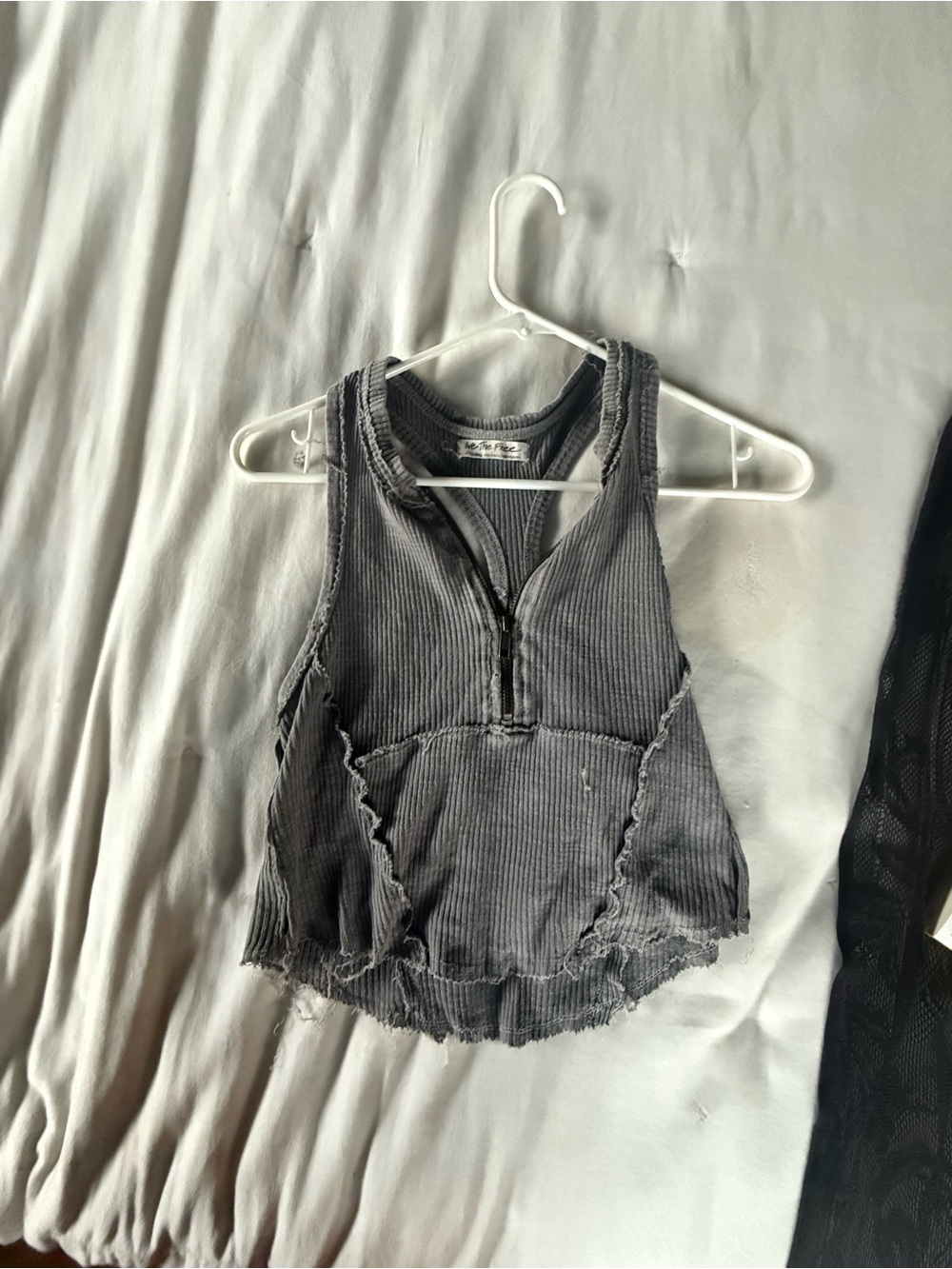 “Vintage” style Gray Ribbed Zip-Front Tank Top raw hem